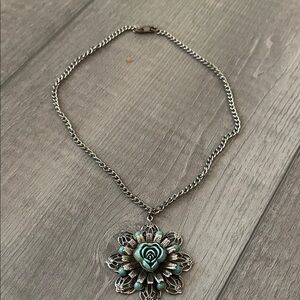 Artisan Silver Necklace with Turquoise Floral Pendant